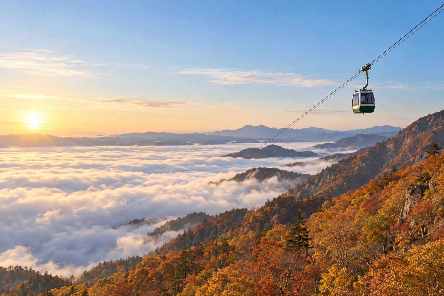 日の出直後、雲海の上をロープウェイのゴンドラが登っていく。下に紅葉した山肌