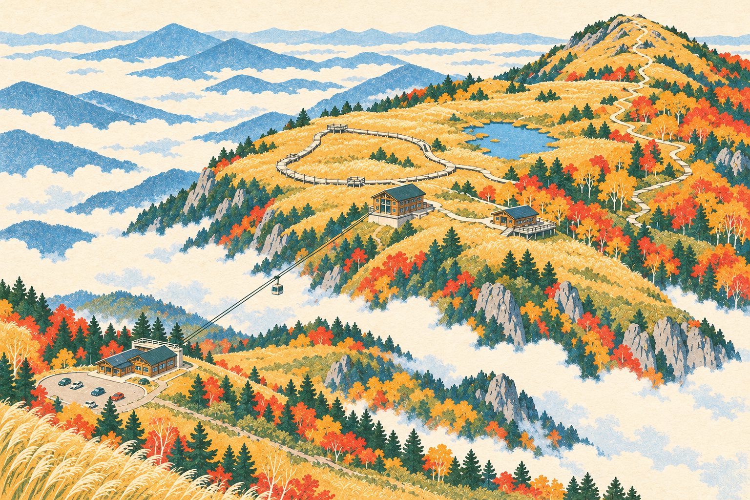 霧ノ上高原の鳥瞰図。左下の山麓駅からロープウェイが山頂駅へ伸び、その上に草原、池塘、ブナの森、山頂がある