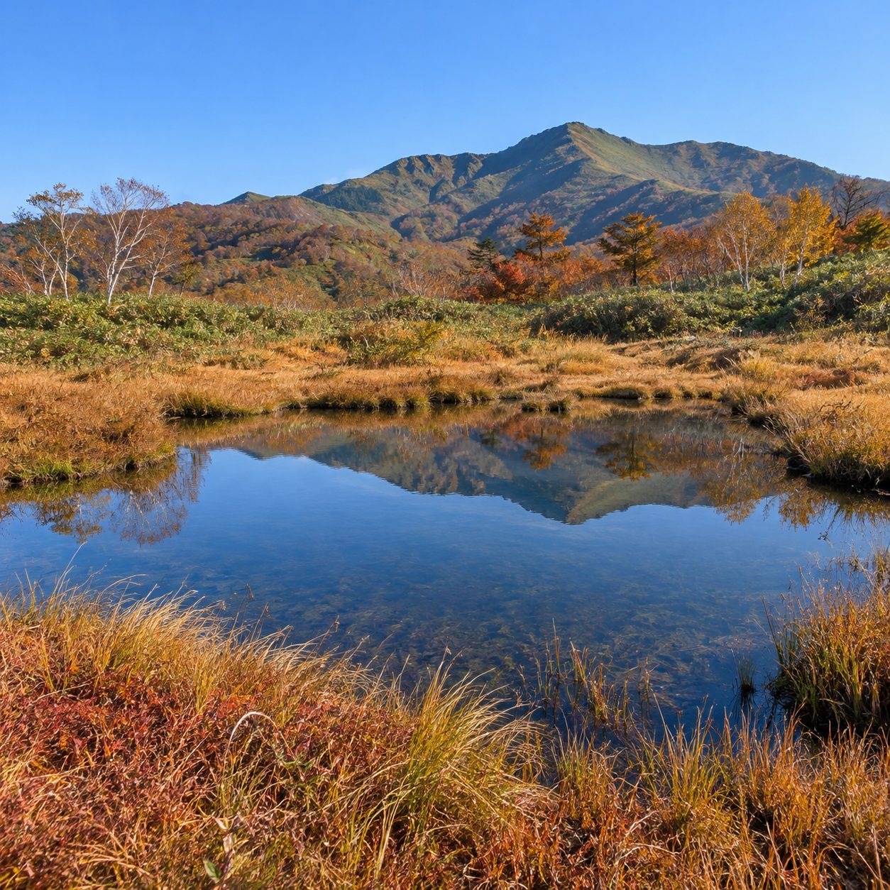 草紅葉の湿原の中の小さな池に、空と山が映っている
