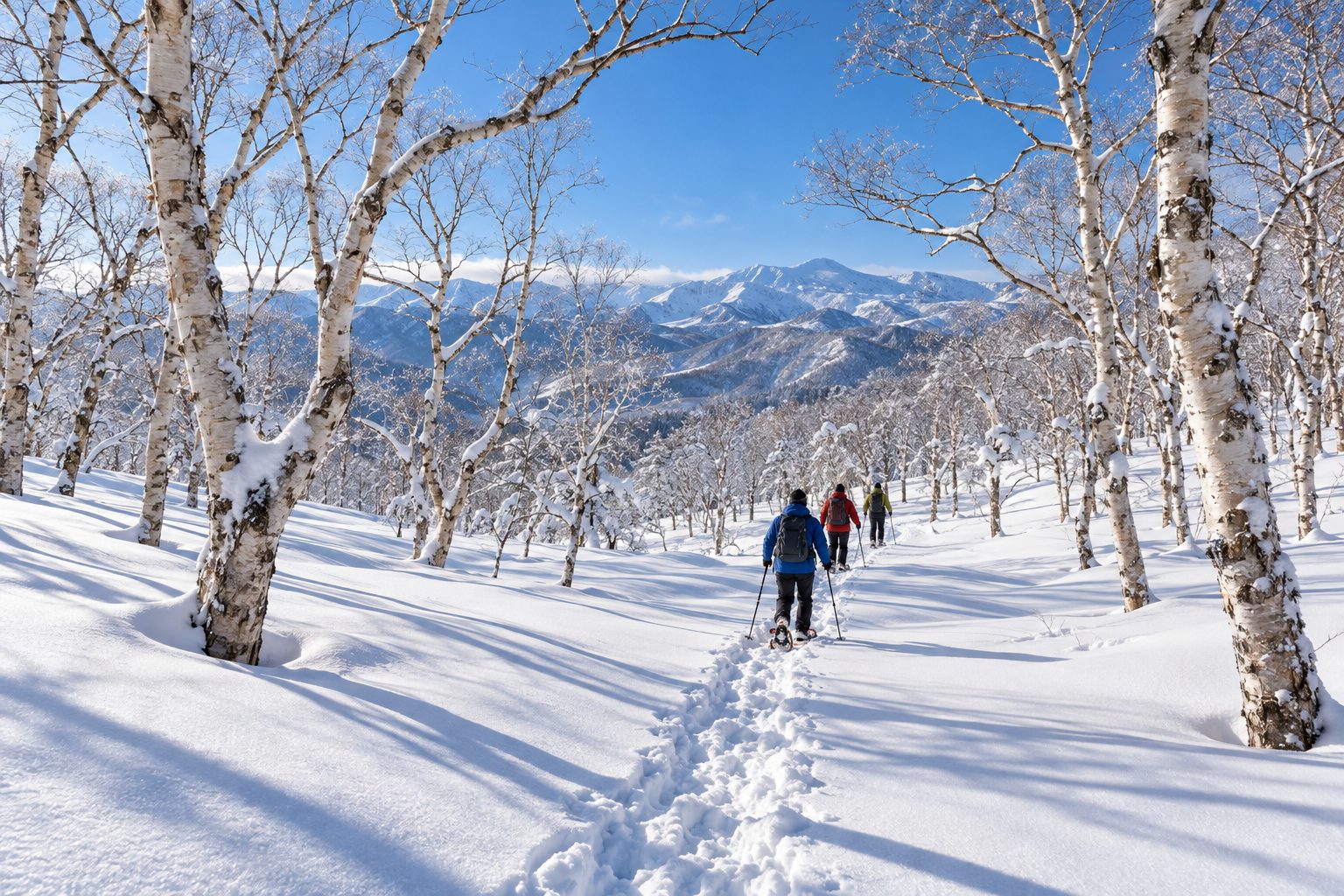 雪のダケカンバの林をスノーシューで歩く三人