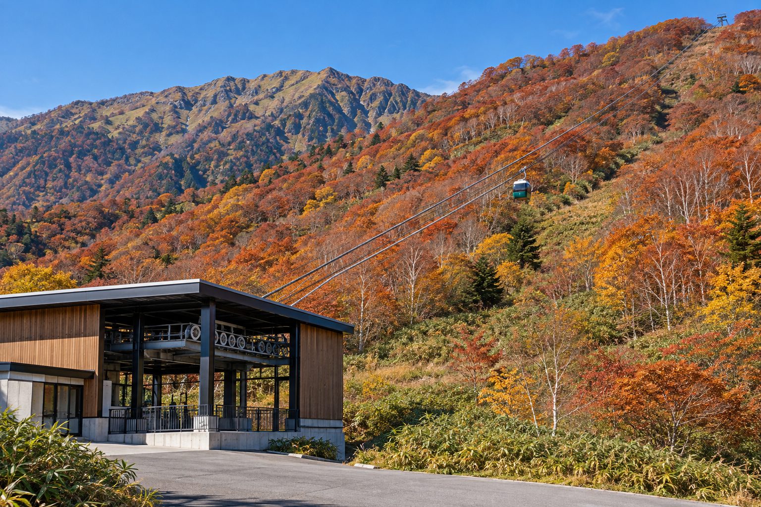 木と鉄骨の山麓駅から、紅葉の斜面へロープウェイのケーブルが伸びる