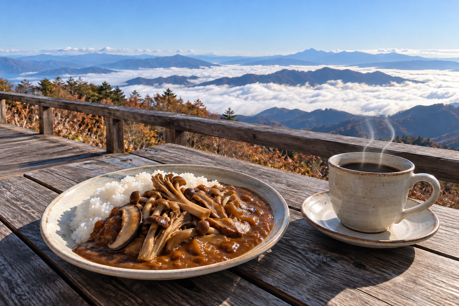 雲海を見下ろすウッドデッキのテーブルに、きのこのカレーとコーヒー